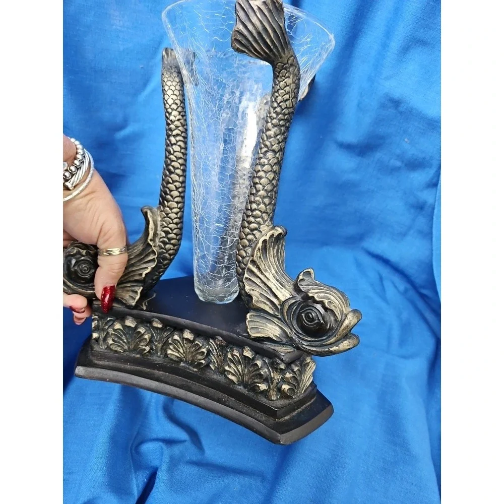 Vintage Japanese Dolphin Koi Fish Vase Centerpiece‎ Neoclassical Crackle 12